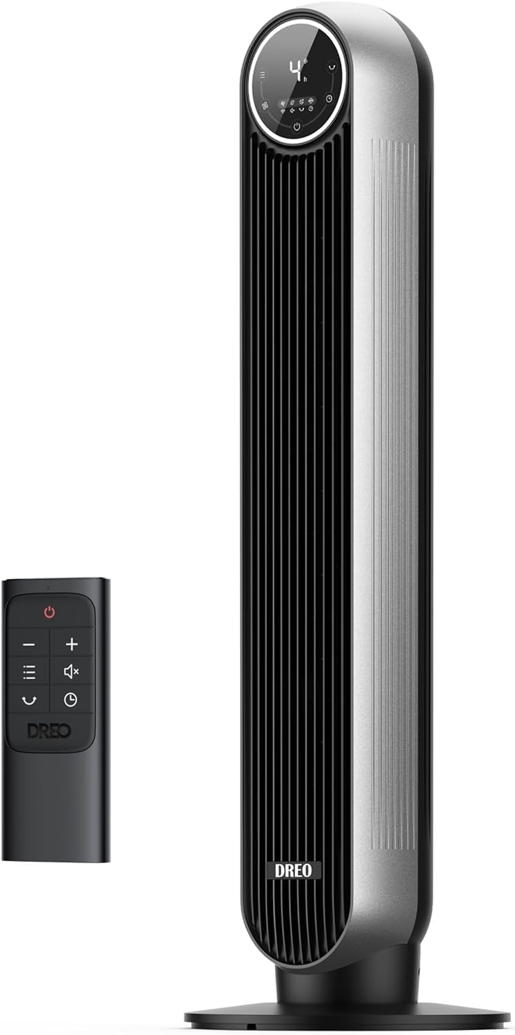 DREO Tower Fan for Bedroom, 2026 Upgraded DC Motor, 28ft/s High Velocity, 20dB Ultra Quiet Standing Fan, 8 Speeds 4 Modes, 90° Oscillating Bladeless Fan for Indoors, Floor Fans with Remote, Black