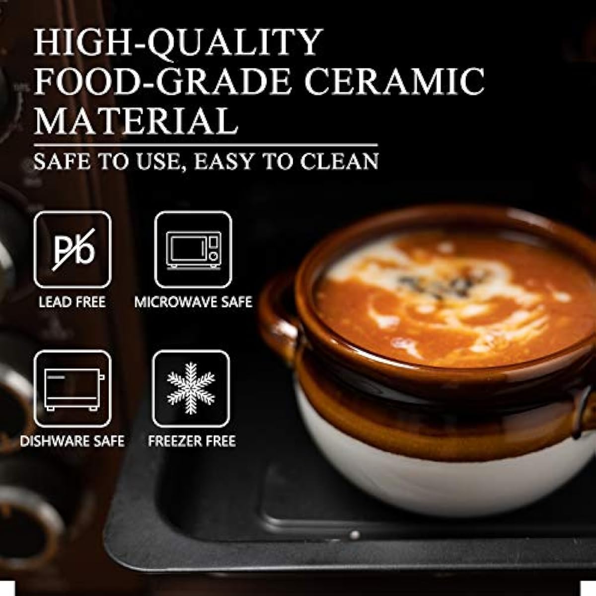 French Onion Soup Bowls with Handles, 16 Oz Ceramic Soup Serving Bowl Crocks - Oven Safe Bowls for Chili, Beef Stew, Cereal, Pot Pies, Set of 4