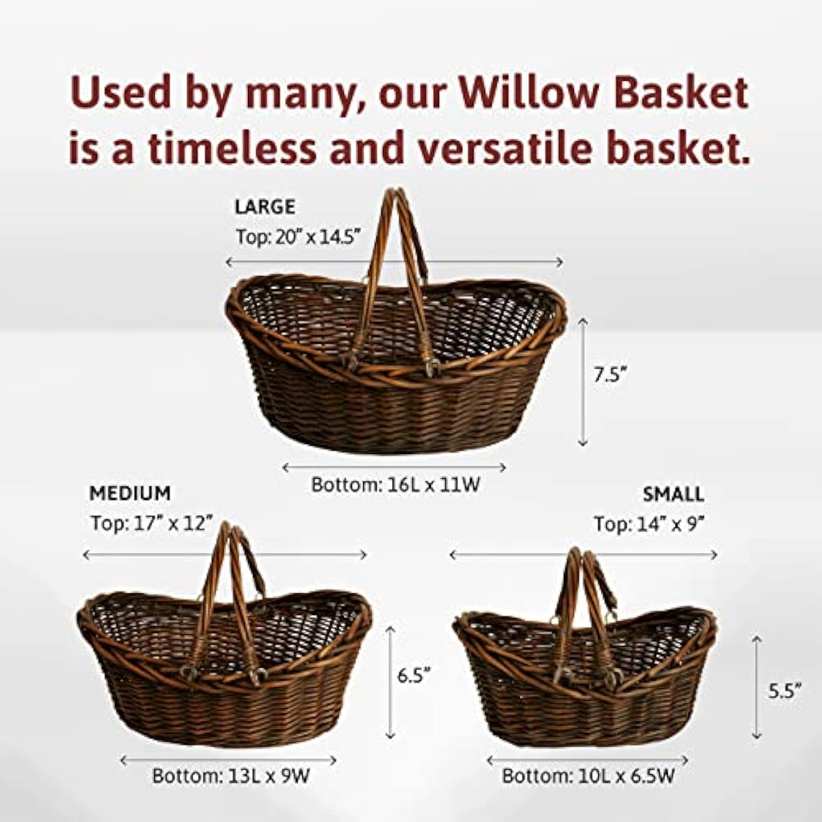 Wald Imports - Medium Wicker Basket with Handle - Dark Brown Hand Woven Harvest Basket - Wicker Flower Basket for Storage, Picnics, Easter, Organizing, and More (17 x 6.5 inches)