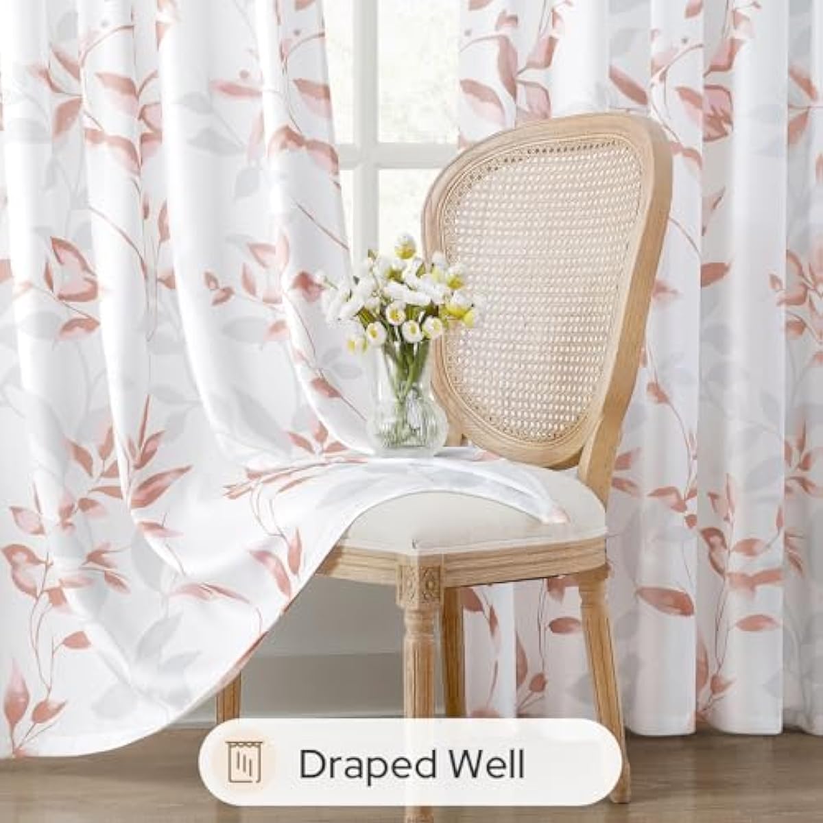 HOMEIDEAS Non-See-Through Pink and White Privacy Sheer Curtains 52 X 63 Inch Length 2 Panels, Leaf Floral Printed Light Filtering Semi Sheer Window Curtains Drapes for Bedroom Living Room