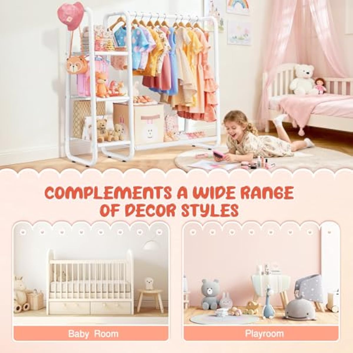 Kids Dress Up Storage with 4 Storage Shelf, More Storage Space Kids Clothing Rack for Costume Organizer Playroom Kids Girls Bedroom Nursery Organizer (Classic, White)