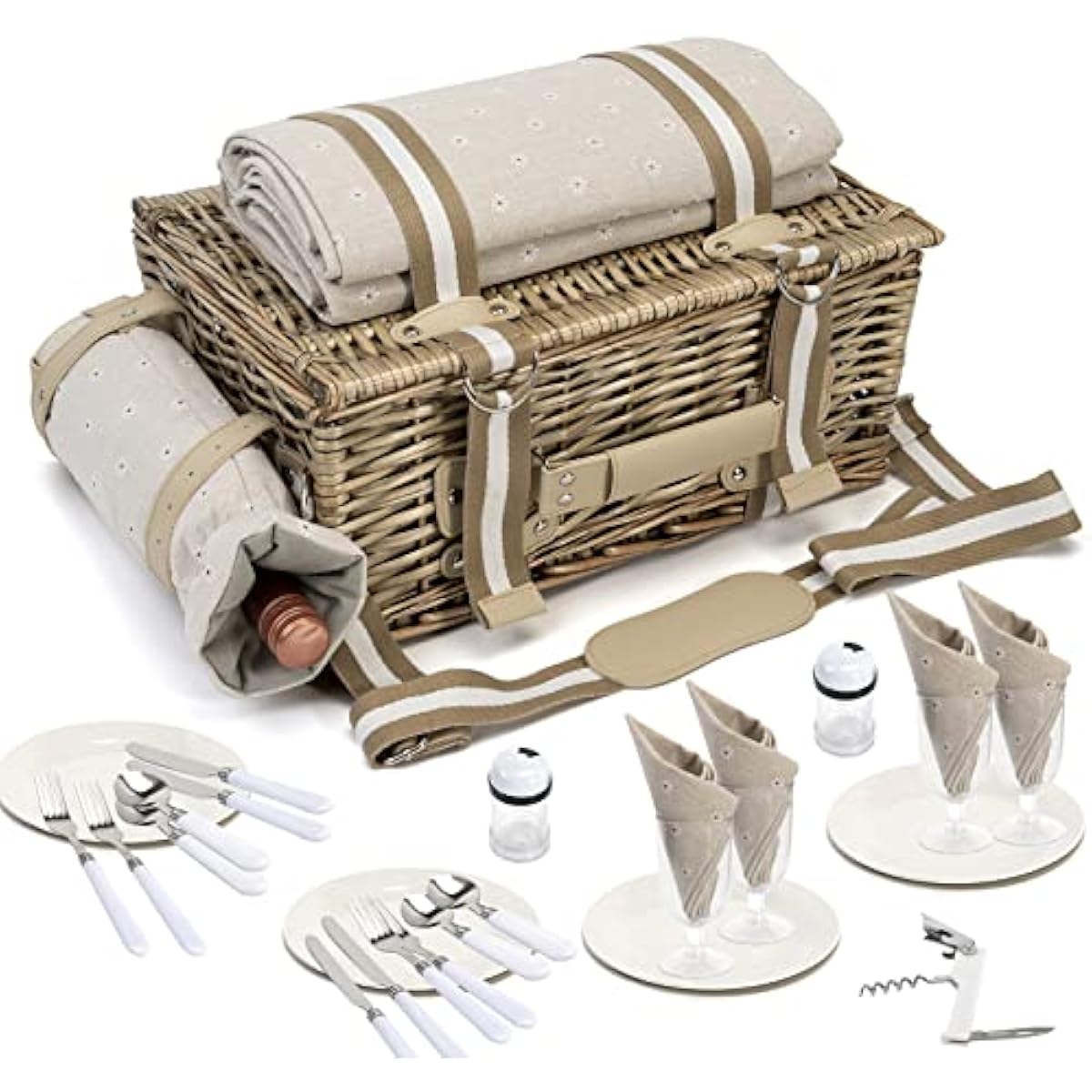 31Pcs Picnic Basket Set for 4 with Insulated Liner and Waterproof Blanket Wine Pouch, Large Wicker Picnic Hamper for Camping,Outdoor,Valentine Birthday Christmas for Couples