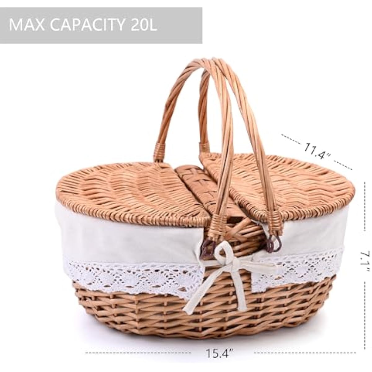 Wicker Picnic Basket with Removable Liner Empty Picnic Baskets with Lid, Picnic Hamper with Foldable Handles for Picnic 2, Natural Color, Large