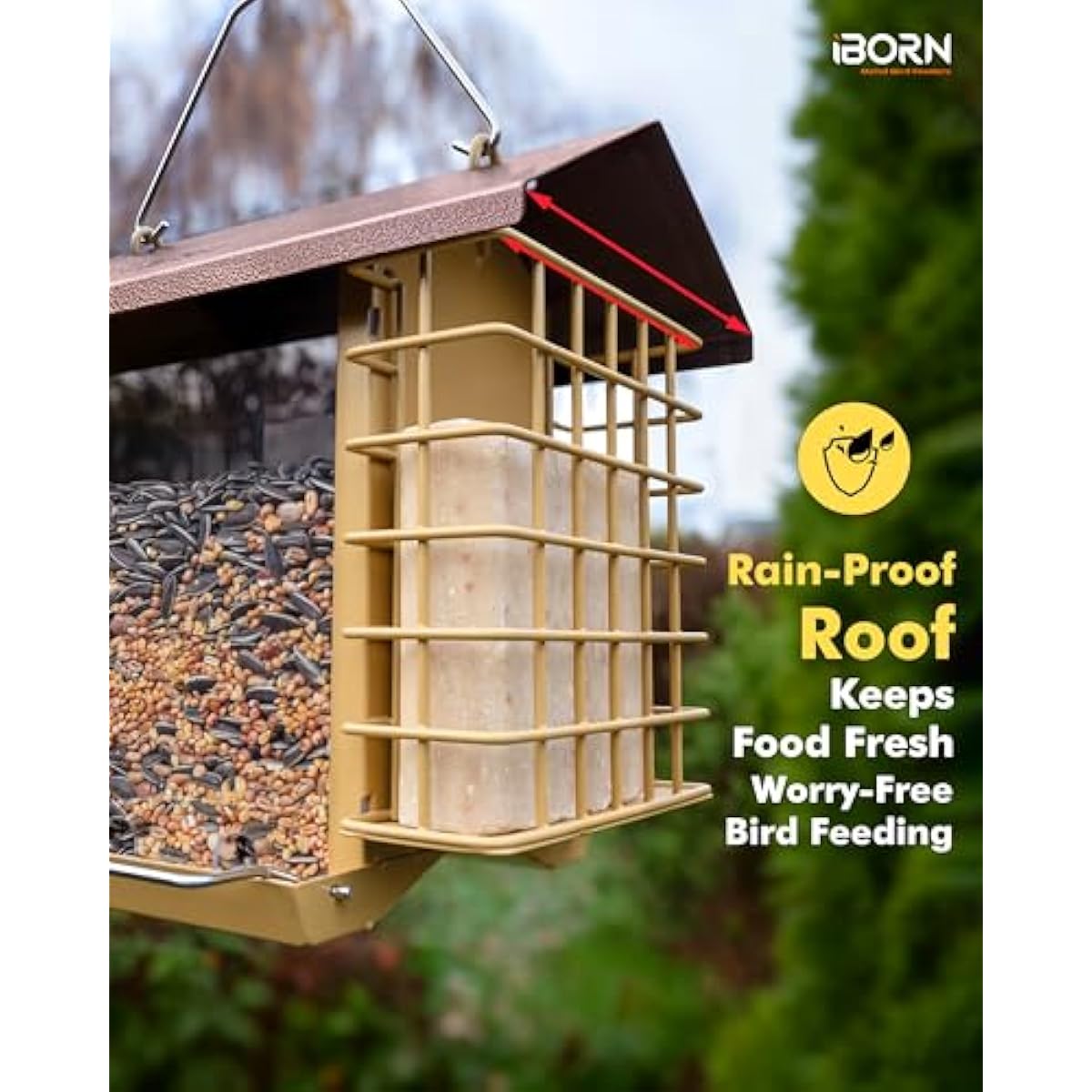 iBorn Bird Feeders for Outdoors,Bird Feeder with Double Suet Holders,Suet Feeder for Outside,Weatherproof Metal Roof,Easy to Refill&Clean,3.2 LBs Seed Capacity+2X Cake,1 Pack,Coffee Roof & Yellow Grid