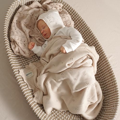 mimixiong Cotton Baby Blanket Knitted Crochet Receiving Crib Nursery Swaddling Blankets for Newborn Baby Boy Girl 30x40 Inch (Oatmeal)