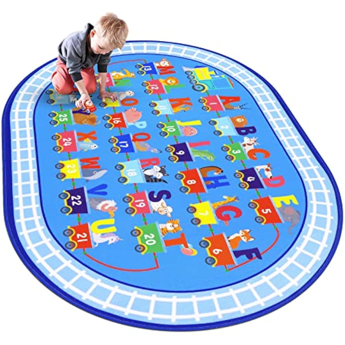 HiiARug Kids Carpet Playmat Rug ABC Alphabet, Numbers, Train and Road Themed Playing Educational Classroom Rug Fun Game Play Area Rug for Kids Bedroom, Toddler Classroom and Baby Playroom Decor