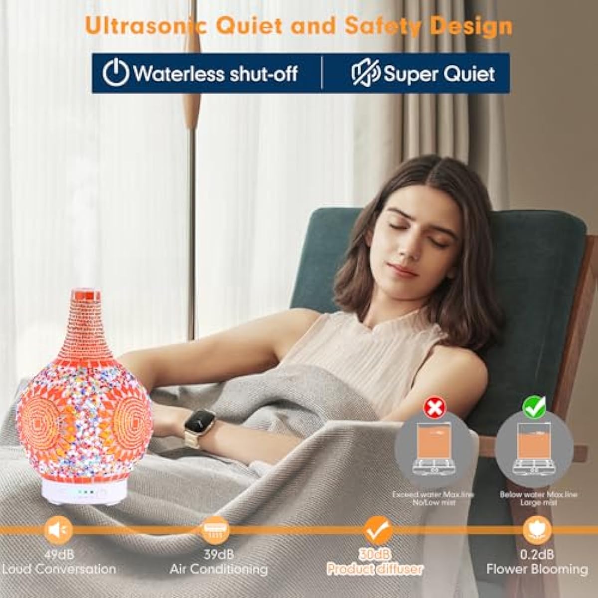 Mosaic Glass Essential Oil Diffuser,Tiffany Aromatherapy Diffuser Sunflower Pattern 100ml Turkish Moroccan Color Changing Aroma Ultrasonic Diffusers Cool Mist Air diffuser for Sleeping SPA Office Home