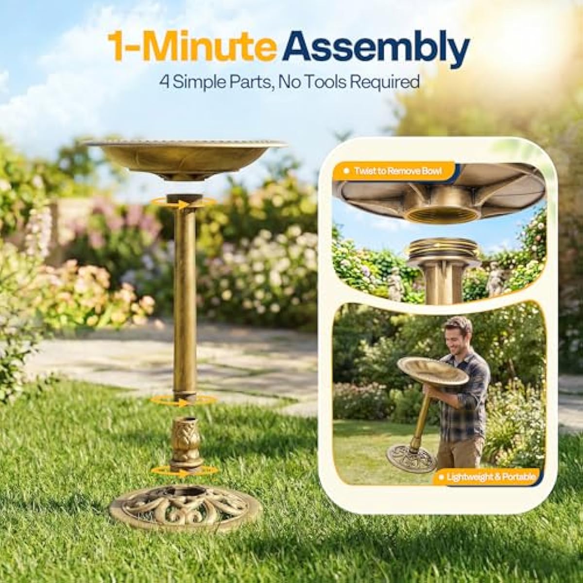 VIVOHOME Bird Bath for Outside, Polyresin Pedestal Bird Baths for Outdoor, Garden, 28 Inch Height Weather-Resistant Birdbaths with 20" Bowl, Copper