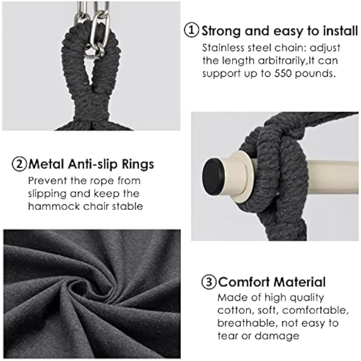 Y- STOP Hammock Chair Hanging Rope Swing Chair, Max 500 Lbs, 2 Seat Cushions Included, Removable Steel Spreader Bar with Anti-Slip Rings, Hardware kit-for Indoor Outdoor(Dark Grey) pcs