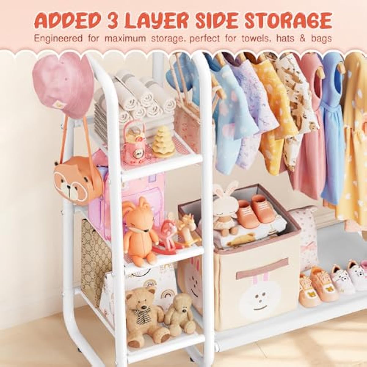 Kids Dress Up Storage with 4 Storage Shelf, More Storage Space Kids Clothing Rack for Costume Organizer Playroom Kids Girls Bedroom Nursery Organizer (Classic, White)