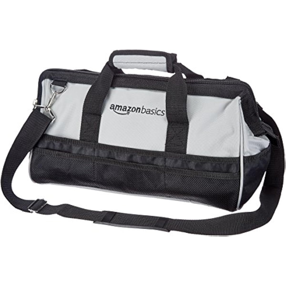Amazon Basics Durable Wear-Resistant Tool Storage Bag with Adjustable Shoulder Strap, Portable Tool Organizer, 16 in, Black & Grey