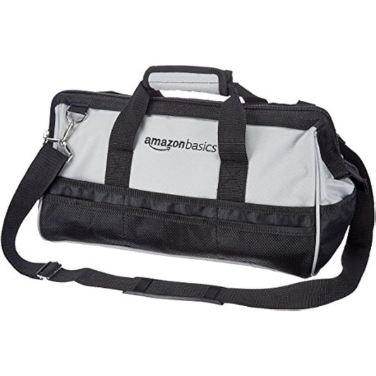 Amazon Basics Durable Wear-Resistant Tool Storage Bag with Adjustable Shoulder Strap, Portable Tool Organizer, 16 in, Black & Grey