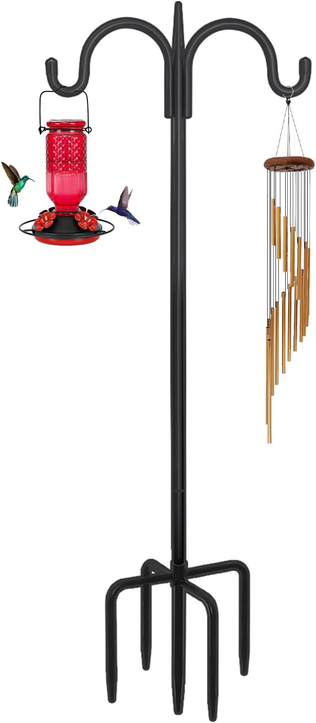 FEED GARDEN 4-Hook Squirrel-Proof Bird Feeder Pole - 92" Heavy-Duty Shepherd's Hook with 5-Prong Base & 19" Baffle for Multiple Feeders & Plants