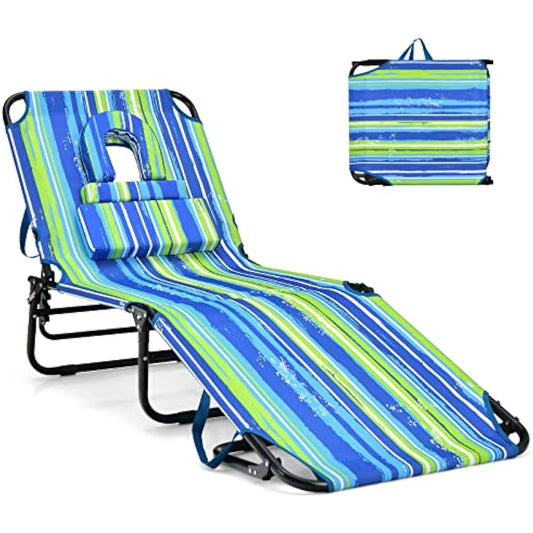 GYMAX Tanning Chair, 330lbs Beach Lounge Chair with Face Hole, Washable Pillow & Carry Strap, Adjustable Folding Chaise Lounge, Layout Chair for Outside, Patio, Poolside, Lawn (1, Stripe)