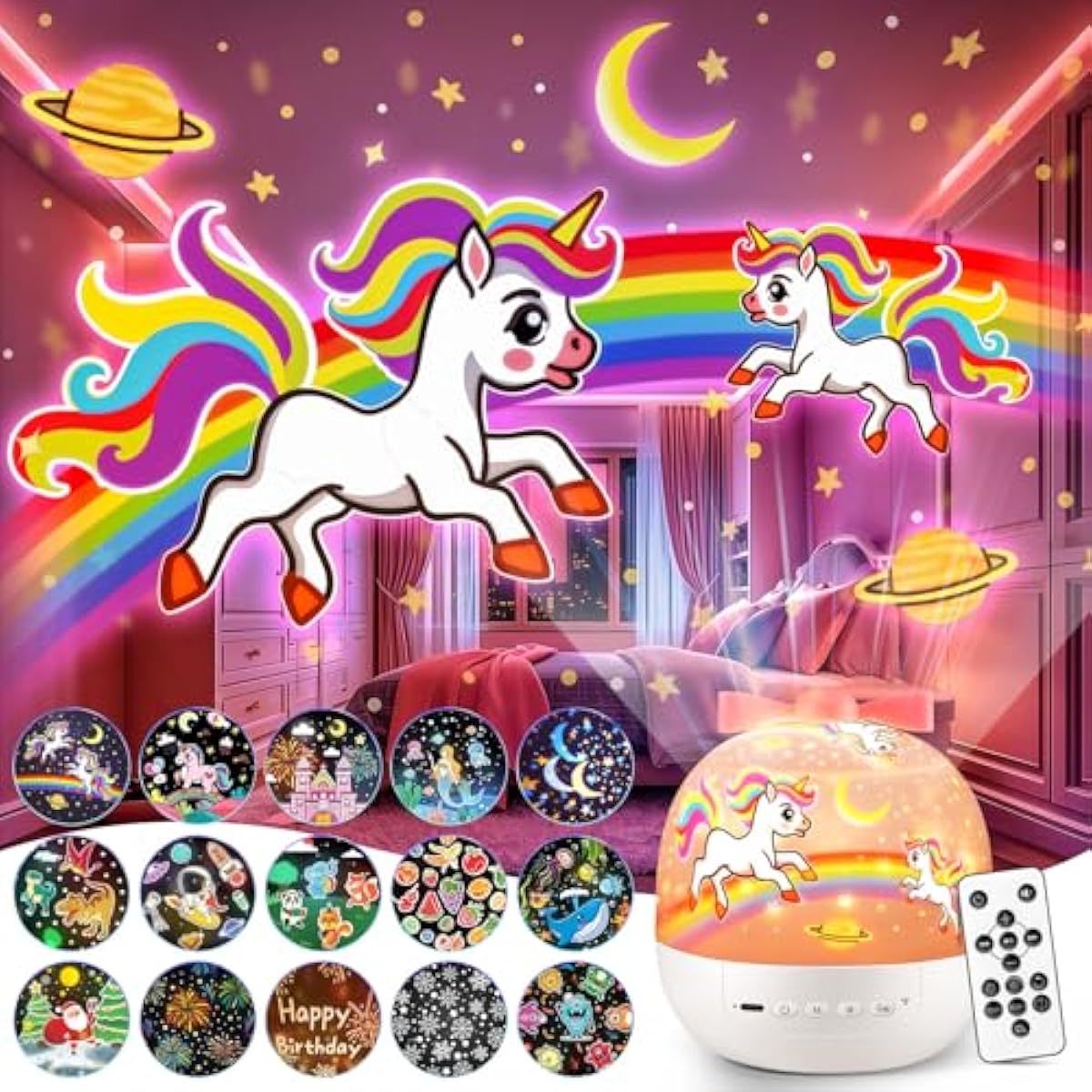 Pikoy Unicorn Toys for Girls Gifts, 15 Films+15 Lullaby Sound Machine for Kids Night Light Projector, Remote+Rechargeable Night Light for Kids Gifts, 360 °Rotation Princess Mermaid Toddler Girl Toys