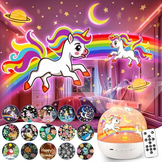 Pikoy Unicorn Toys for Girls Gifts, 15 Films+15 Lullaby Sound Machine for Kids Night Light Projector, Remote+Rechargeable Night Light for Kids Gifts, 360 °Rotation Princess Mermaid Toddler Girl Toys