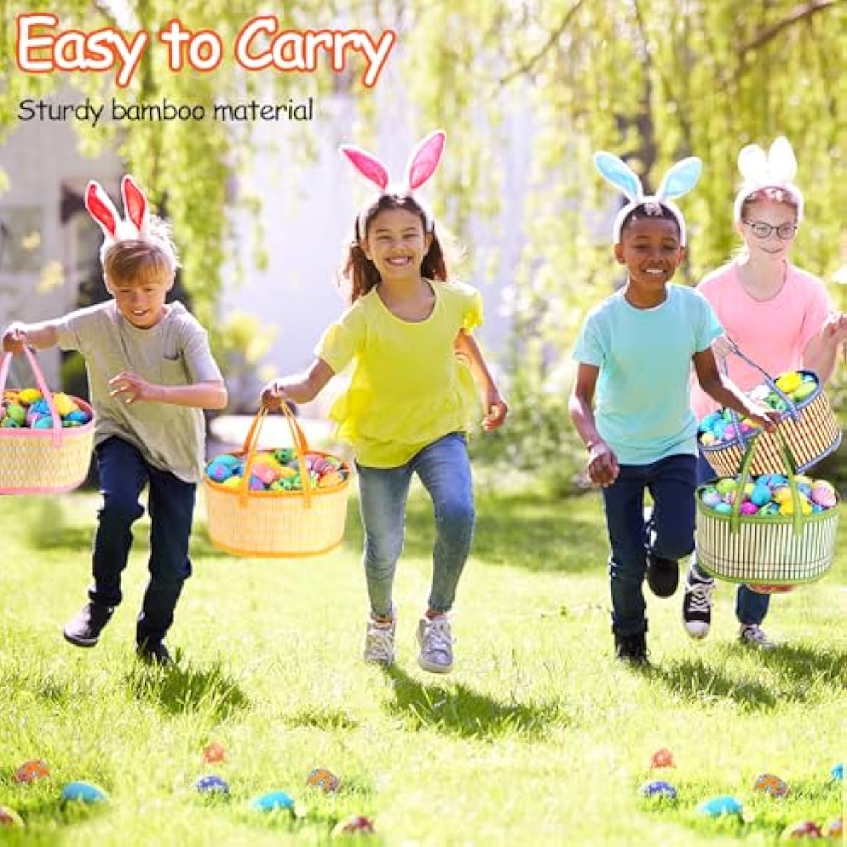 4Pcs Foldable Easter Woven Bamboo Baskets Empty, Oval Easter Basket Bulk Set with Handle, Large Easter Baskets for Easter Egg Hunt Party Favor Picnic Supplies Gift Packing - Pink Yellow Green Blue
