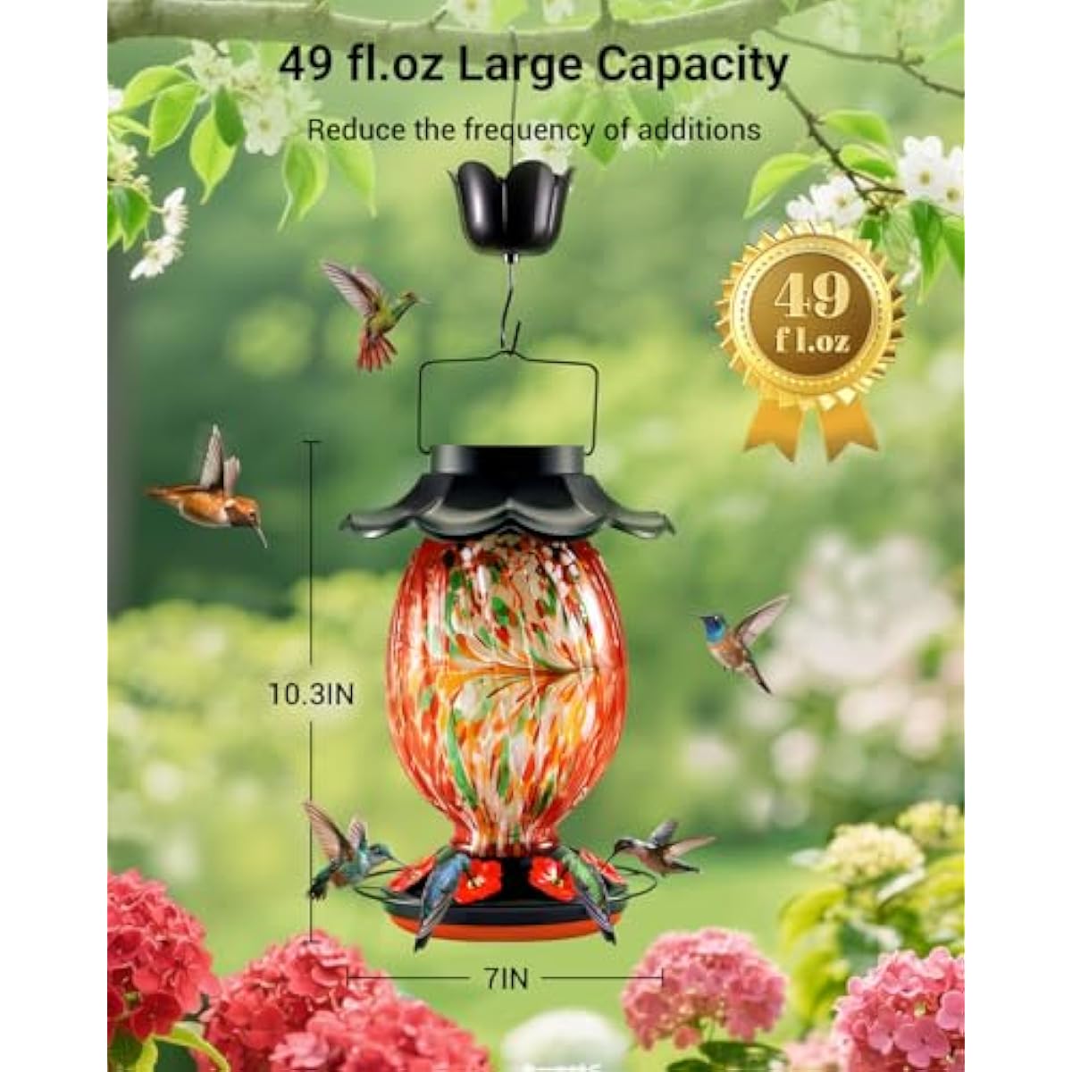 HouseSapp Solar Hummingbird Feeder - 49 fl.oz Hand Blown Glass Color Changing - 7 Feeding Ports with Perch - Never Leak - Perfect Hummingbird Feeder