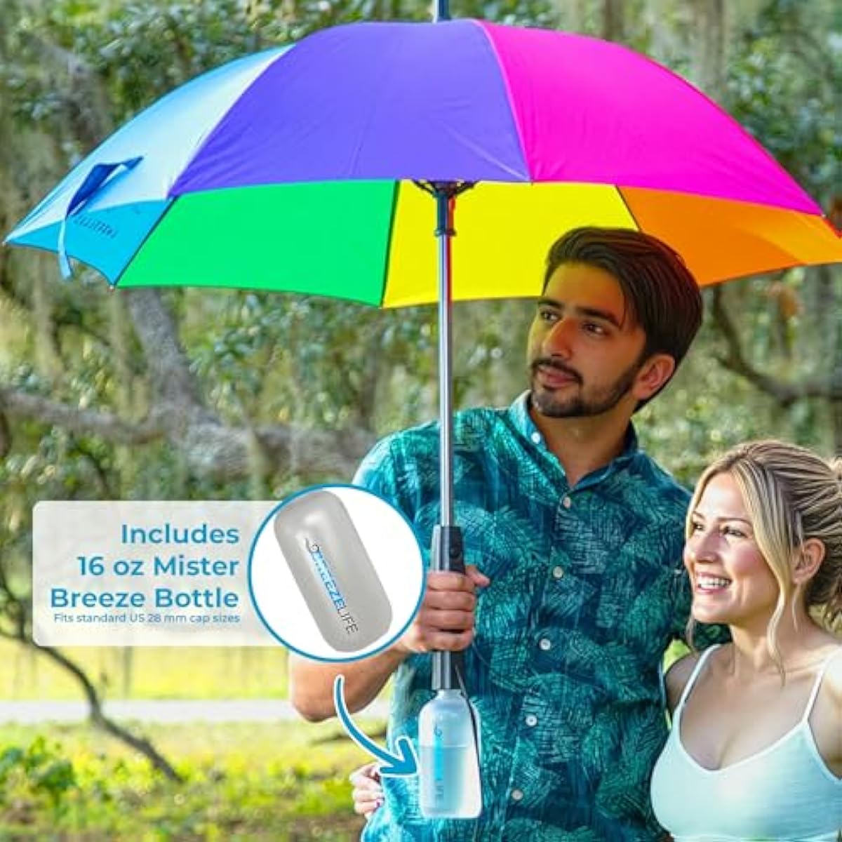 Breeze Life Original Mister Breeze (Silver Design) – Sun Umbrella with Fan and Mist Spray – Portable Fan Umbrella with Mister, 41" UV Shade, 3–4 Hr Runtime – Ideal for Festivals, Beach & Sports
