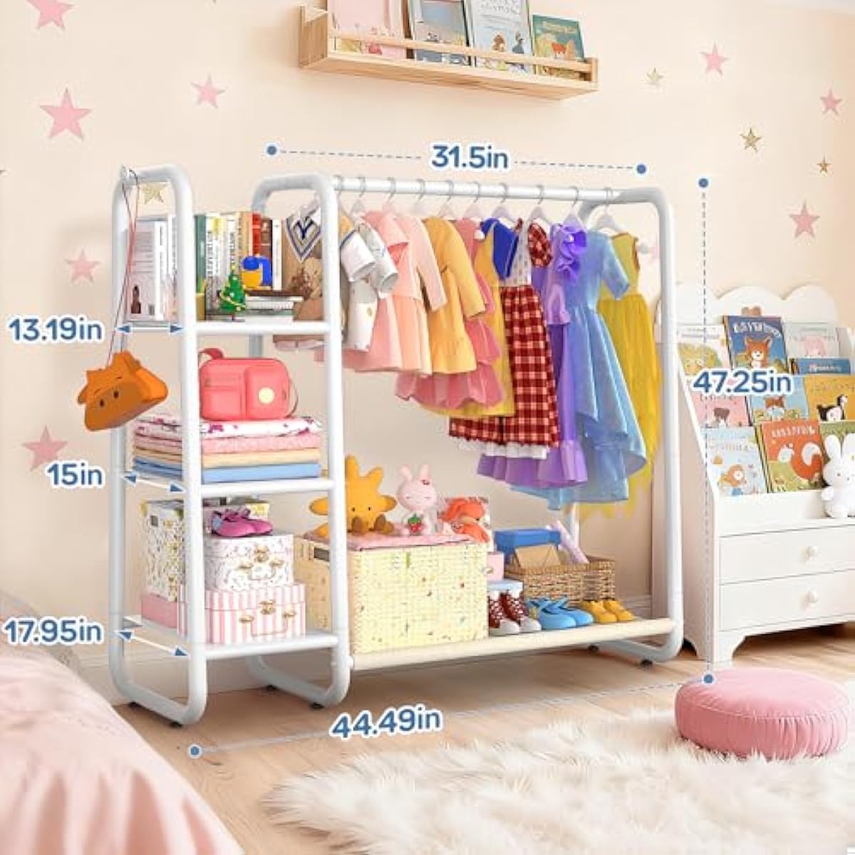 Kids Clothing Rack: Portable Kids Dress up Rack with 4 Storage Shelves & Coat Hook,Sturdy Closet Organizer for Toddler Baby Playroom Bedroom Use(Classic,White)