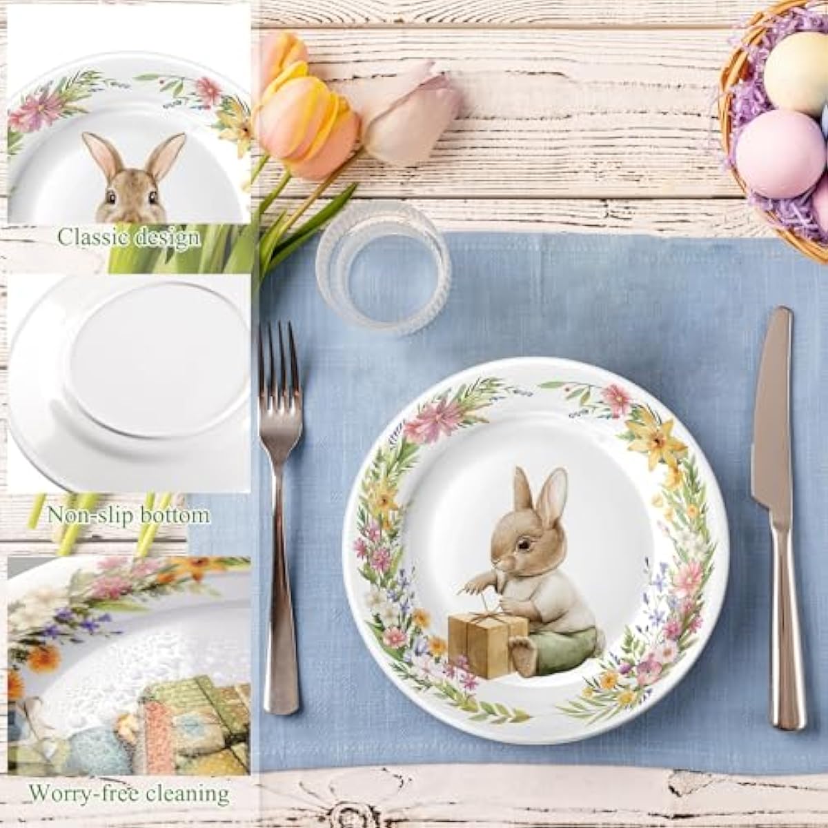8 Pcs Easter Salad Plates Bunny Dishes 8" 10" Melamine Easter Dinnerware Sets Assorted Designs Ceramic-like Spring Rabbit Plates for Dinner Salad Dessert Birthday Party Supplies(10 Inch)
