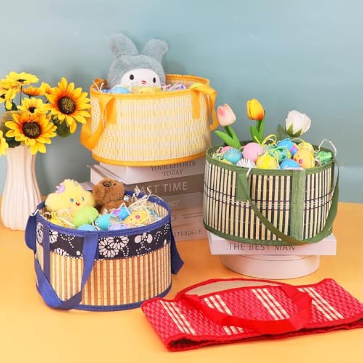 Foldable Easter Woven Bamboo Baskets Empty, 4 Pcs Easter Basket Bulk Set with Handle, Large Easter Baskets for Easter Egg Hunt Party Favor Picnic Supplies Gift Packing - Red Yellow Green Blue