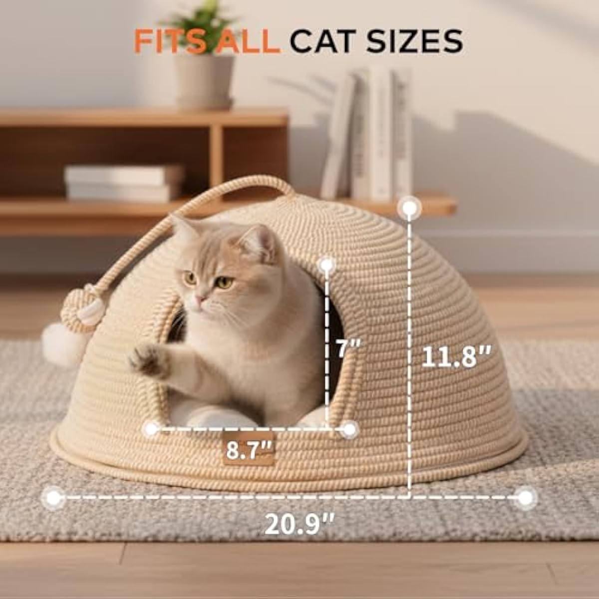 CHEERPALS Cat Cave Bed for Indoor Cats, 3 in 1 Cat House with Washable Cushion and Ball, Scratcher Bed, Cute Rope Bed for Kittens and Large Cat(White)
