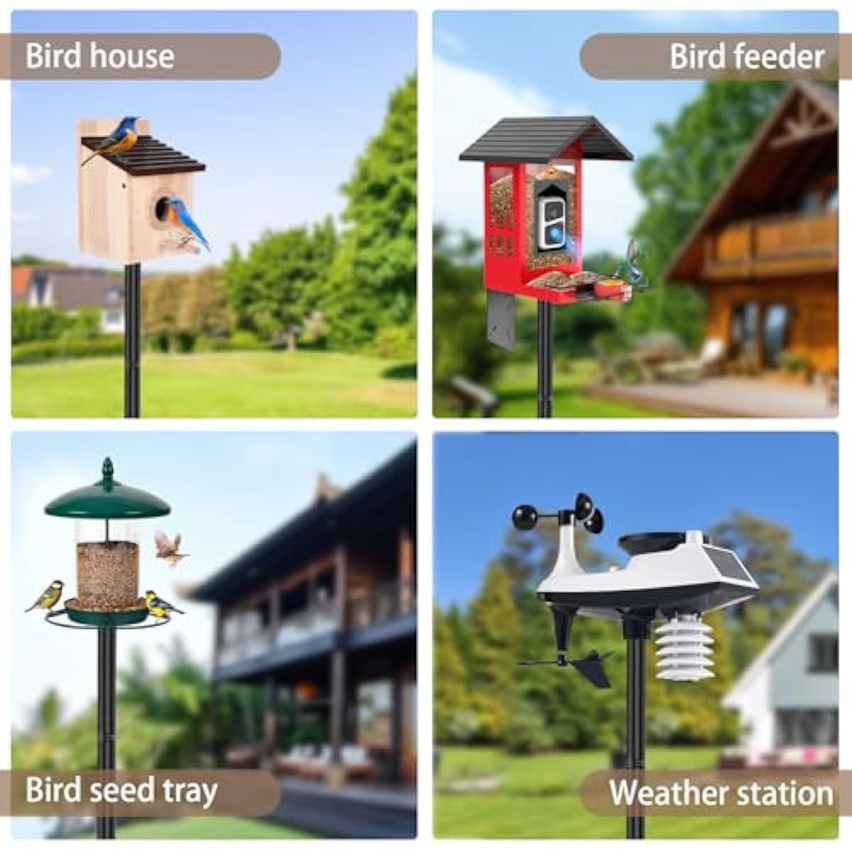 77 Inch Heavy Duty Smart Bird Feeder Pole for Outdoors with 5-Prong Base and 2 Plates, Rust-Proof Metal Wild Bird Feeder Stand/Post, Adjustable Birdhouse Pole, Weather Station Mounting Kit
