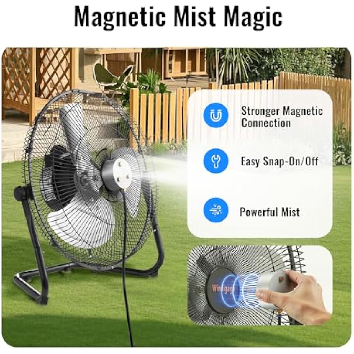 14" Misting Fan, Magnetic Misting Wall-Mounted Fans for Outside, Up to 26ft Cooling Mist, 2-in-1 Floor Industrial Fan Mister, 3-Speed, 180° Adjustable Tilt, Portable for Patio, Backyard