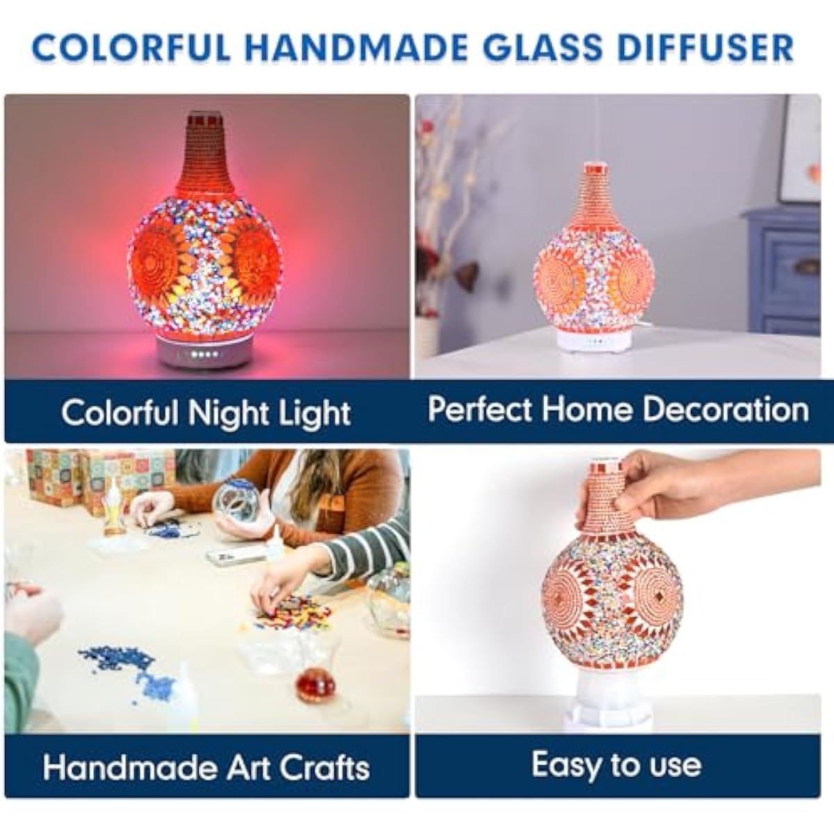 Mosaic Glass Essential Oil Diffuser,Tiffany Aromatherapy Diffuser Sunflower Pattern 100ml Turkish Moroccan Color Changing Aroma Ultrasonic Diffusers Cool Mist Air diffuser for Sleeping SPA Office Home