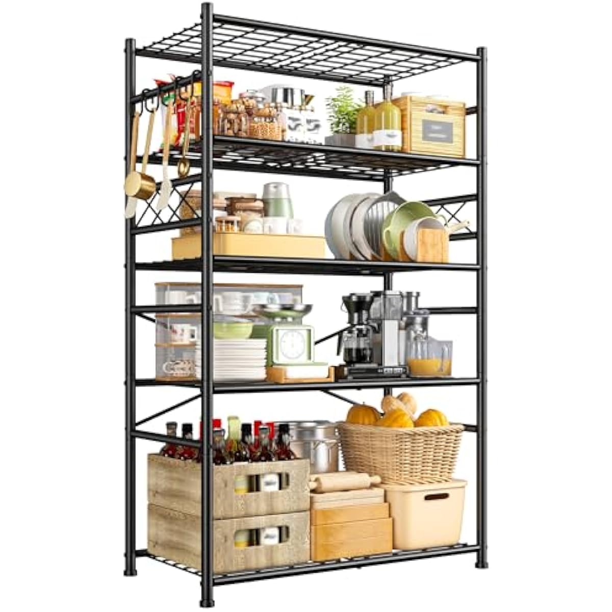 Storage Shelves 5-Tier Large Capacity Wire Shelving with Hooks, Heavy Duty Garage Shelving Unit with Leveling Feet, Stable Metal Shelf for Pantry, Kitchen and Closet, 72" H x 36" W x 12" D, Black
