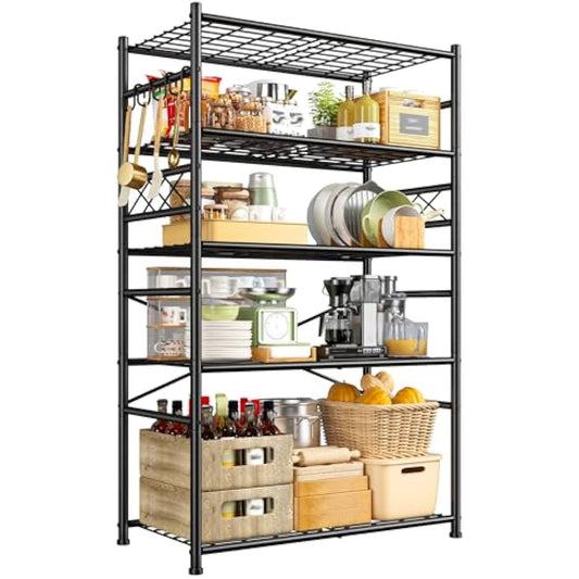 Storage Shelves 5-Tier Large Capacity Wire Shelving with Hooks, Heavy Duty Garage Shelving Unit with Leveling Feet, Stable Metal Shelf for Pantry, Kitchen and Closet, 72" H x 36" W x 12" D, Black