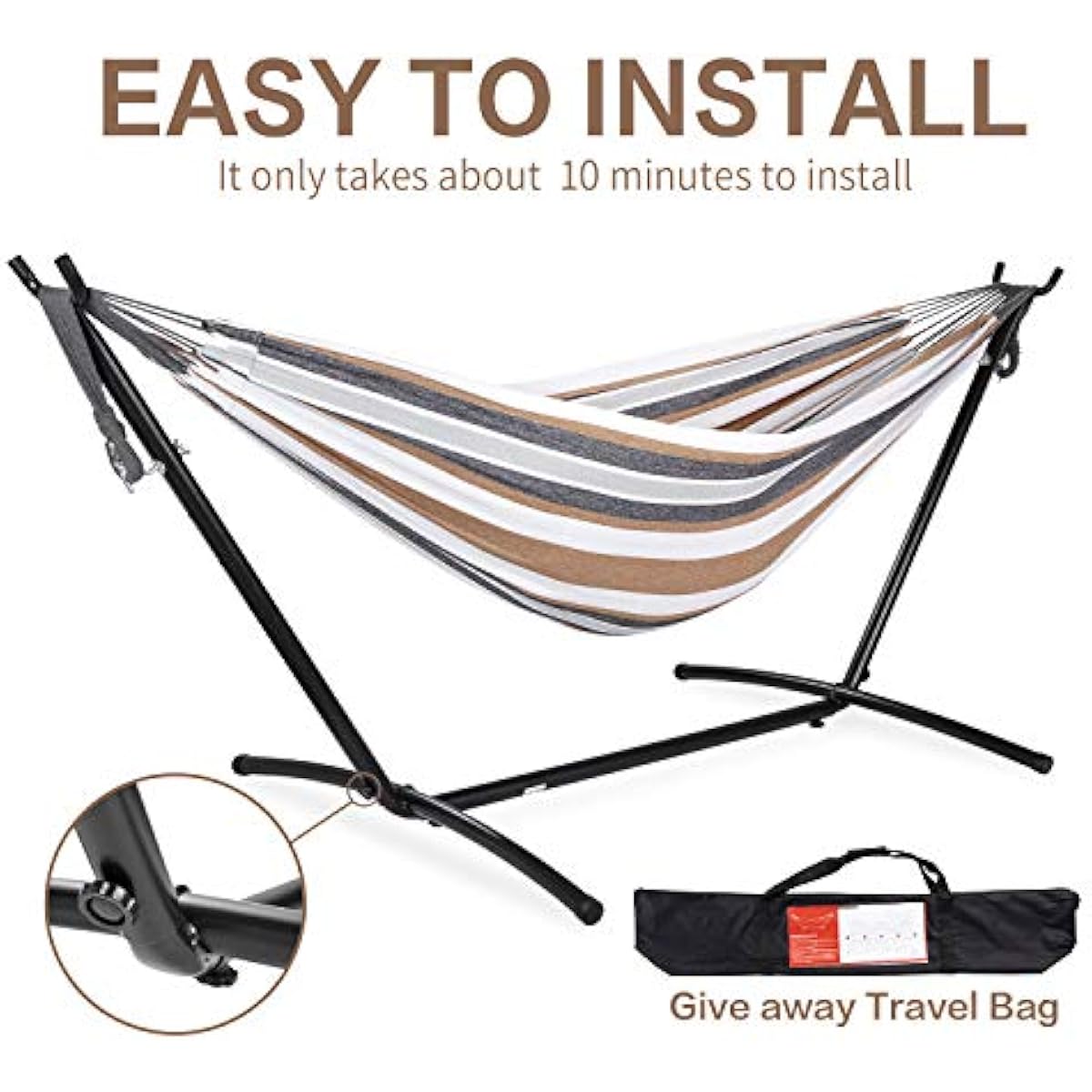 PNAEUT Double Hammocks with Stand for Outside, Portable Space Saving Heavy-Duty Steel Frame for Indoor Outdoor Patio Yard, Easy Assembly, 2 Person 450 lbs Capacity (Coffee)