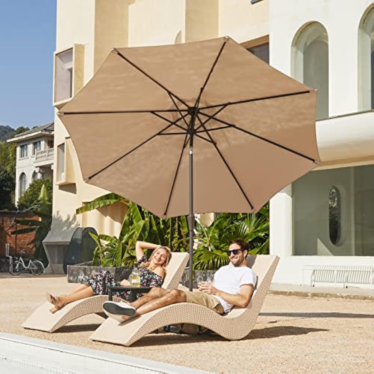 JEAREY 9FT Outdoor Patio Umbrella Outdoor Table Umbrella with Push Button Tilt and Crank, Market Umbrella 8 Sturdy Ribs UV Protection Waterproof for Garden, Deck, Backyard, Pool (Beige)