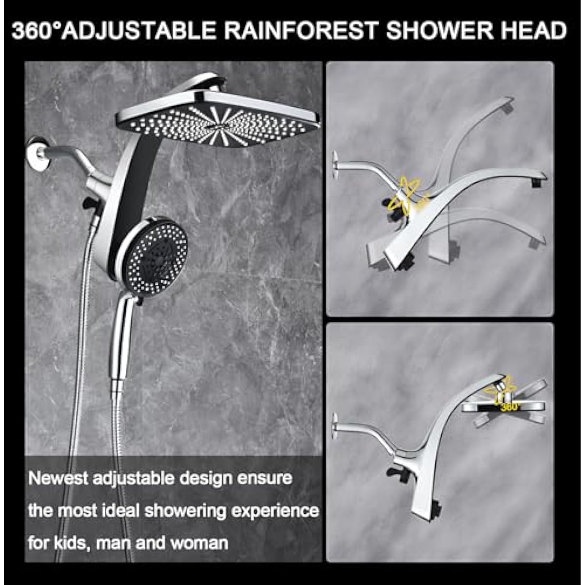 High Pressure Rain Shower Head: Upgrade Shower Heads with Handheld Spray Combo with Fixed Showerhead and 10 Sprays Handheld Shower Head, Detachable Shower head Built-in Magnetic Docking and Power Jets
