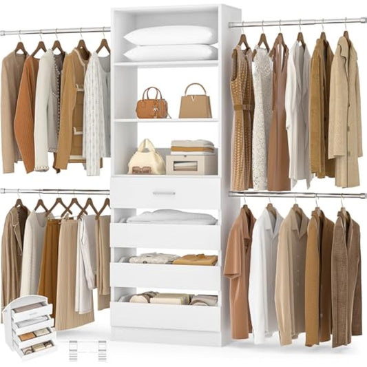Aheaplus Closet System, 4-9Ft Closet Organizer with 4 Wooden Drawers, Wood Closet Organizer System with Tower, Walk-in Closet Organizer Wardrobe Clothes Rack with 4 Hanging Rods, Garment Rack, White