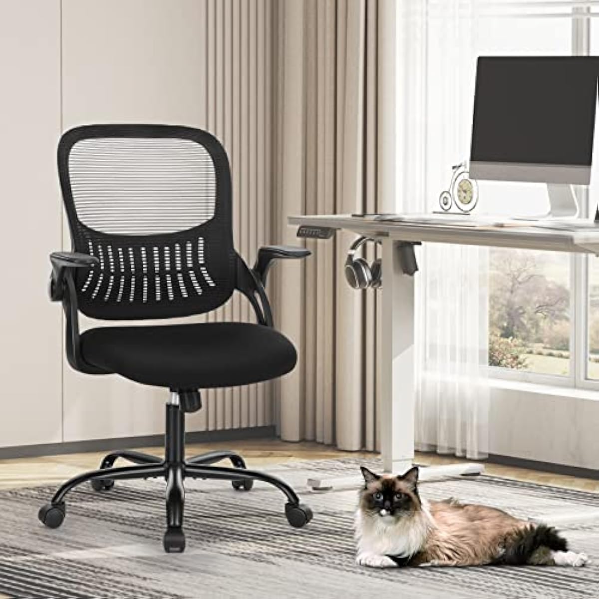 Sweetcrispy Office Computer Desk Chair, Ergonomic Mid-Back Mesh Rolling Work Swivel Task Chairs with Wheels, Comfortable Lumbar Support, Comfy Flip-up Arms for Home, Bedroom, Study, Student, Black