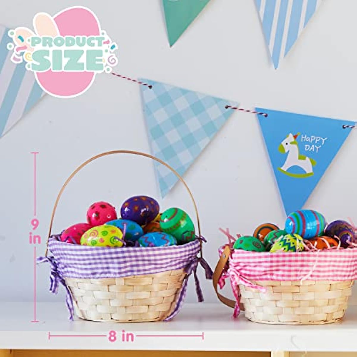 JOYIN 4 Pcs Easter Bamboo Baskets Gift Woven Baskets with Handles and 4 Colors Grass Paper Shreds, Candy Wicker Candy Toys Storage Bucket for Easter Egg Hunt, Kids Party Supplies(9" X 8")