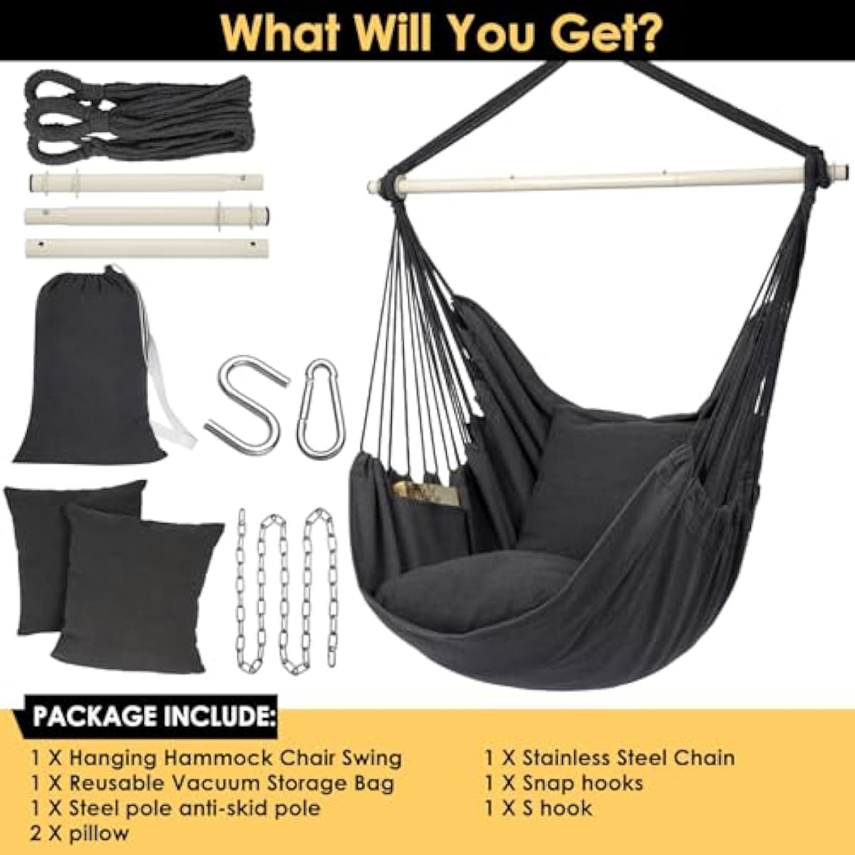 Y- STOP Hammock Chair Hanging Rope Swing Chair, Max 500 Lbs, 2 Seat Cushions Included, Removable Steel Spreader Bar with Anti-Slip Rings, Hardware kit-for Indoor Outdoor(Dark Grey) pcs