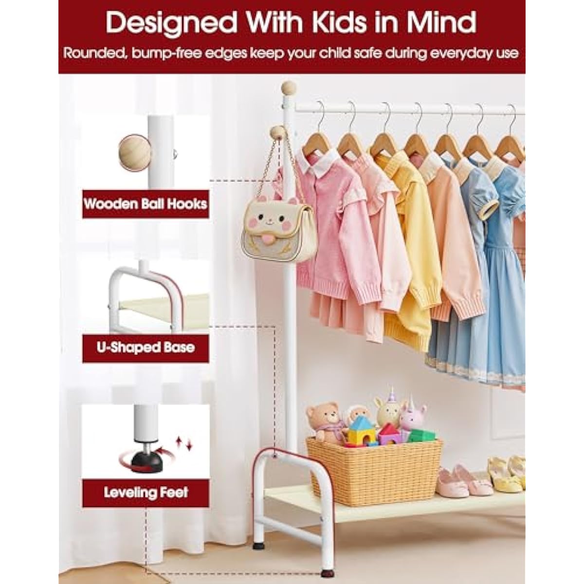 Clothes Rack - Sturdy Metal Kids Clothing Rack with Bottom Storage Shelf & Adjustable Feet, Dress Up Storage for Toddler's Bedrooms, Nurseries, Playrooms, 31" x 12.5" x 47.8", White