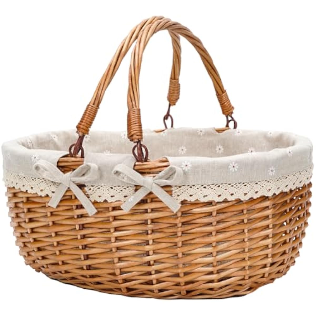 G GOOD GAIN Wicker Picnic Basket with Double Folding Handles,Willow Picnic Hamper,Natural Hand Woven Easter Basket,Easter Eggs and Candy Basket,Bath Storage,Gift Packing Basket.White