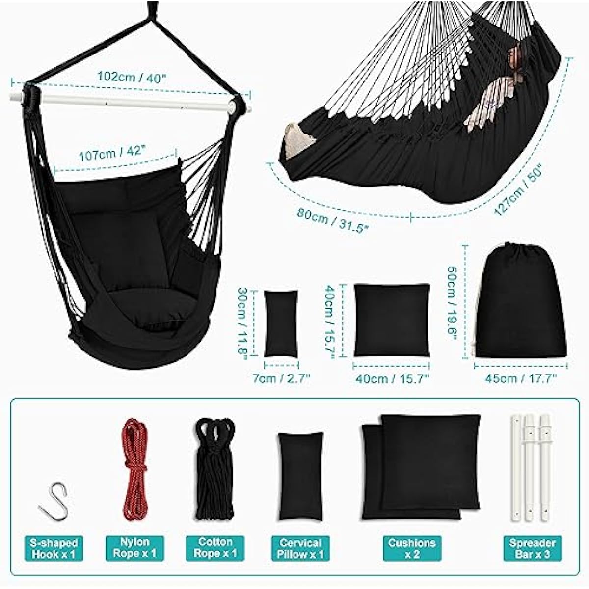Outerman Hammock Chair, Hanging Chair with 3 Cushions and Foot Rest Support, Sturdy Metal Spreader Bar Max 500Lbs, Swing Chair for Bedroom, Indoor & Outdoor, Patio, Porch or Tree（Black）…
