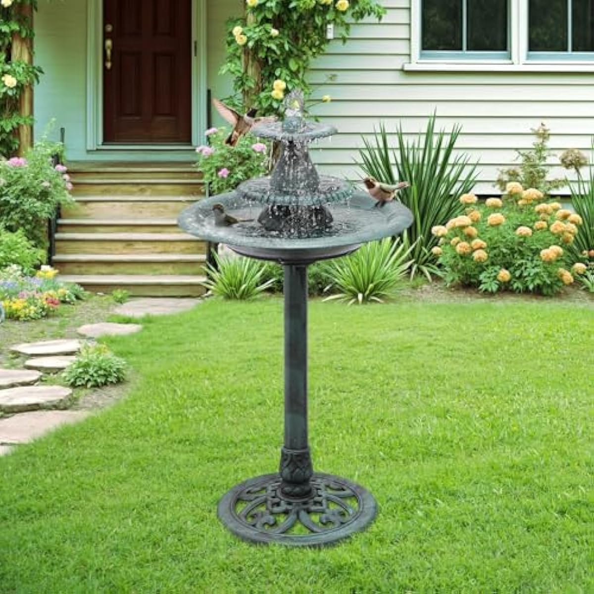 Athena Collection 37'' Height Bird Bath Vintage Pedestal Birdbath Electric Water Fountain with Recirculating Pump Polypropylene Floral Accents 3 Tier Birdbath for Outside, Patio, Garden, Green