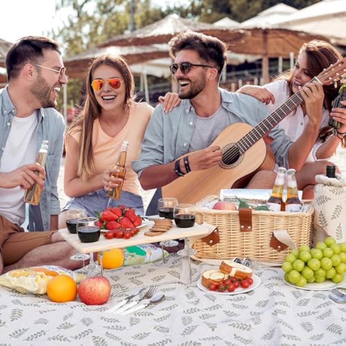 HappyPicnic Picnic Basket for 4, Handmade Wicker Picnic Set with Folding Table and Waterproof Blanket, Large Insulated Picnic Basket with Wine Bag & Cutlery Kit for Picnic, Camping, Holidays (Leaf)