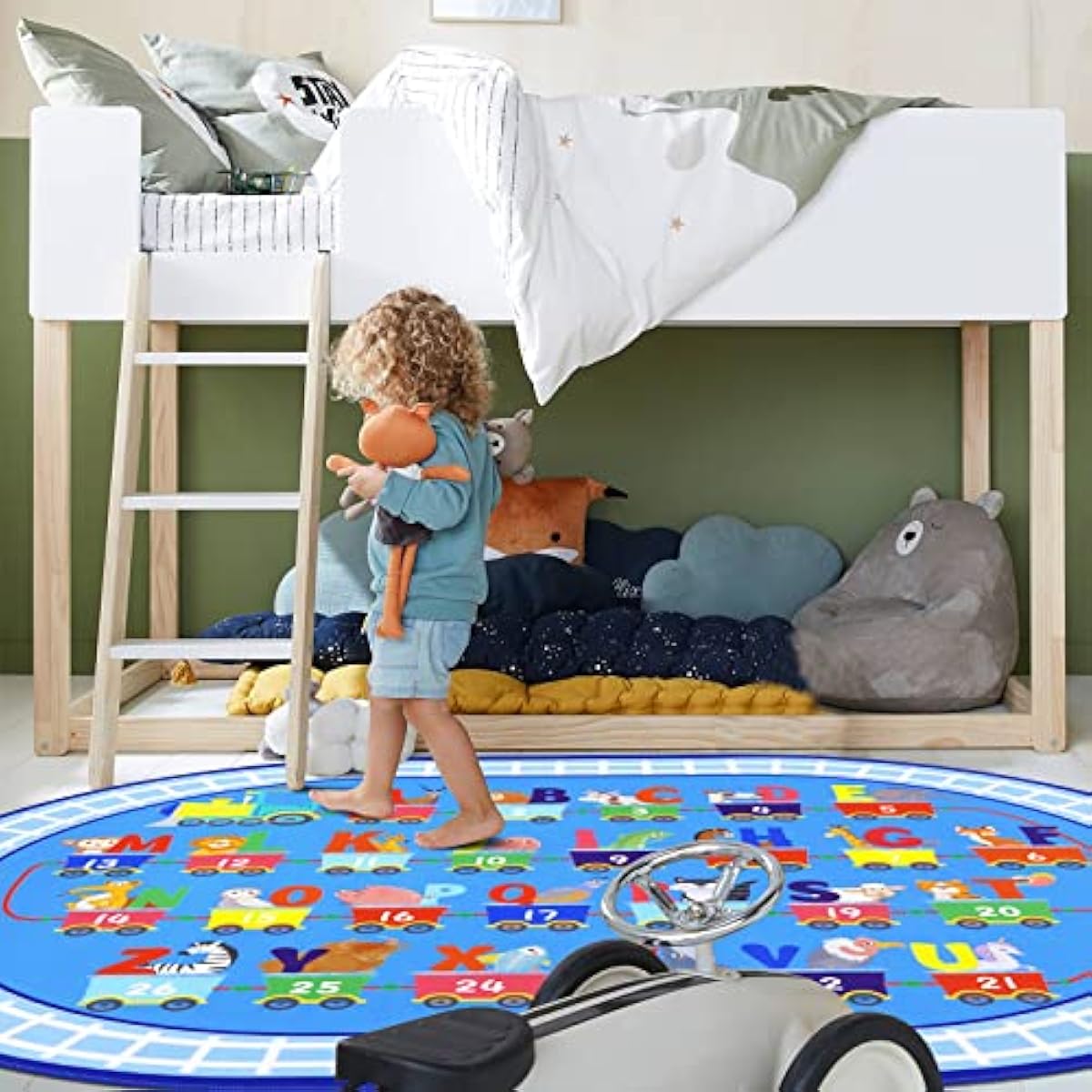HiiARug Kids Carpet Playmat Rug ABC Alphabet, Numbers, Train and Road Themed Playing Educational Classroom Rug Fun Game Play Area Rug for Kids Bedroom, Toddler Classroom and Baby Playroom Decor