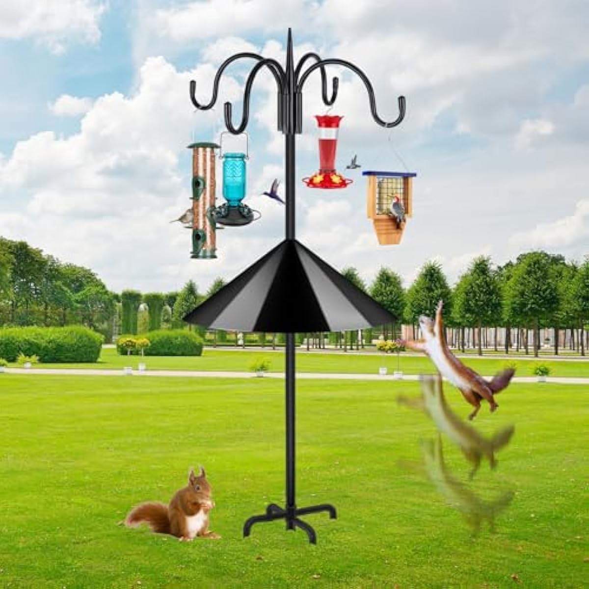 FEED GARDEN 4-Hook Squirrel-Proof Bird Feeder Pole - 92" Heavy-Duty Shepherd's Hook with 5-Prong Base & 19" Baffle for Multiple Feeders & Plants