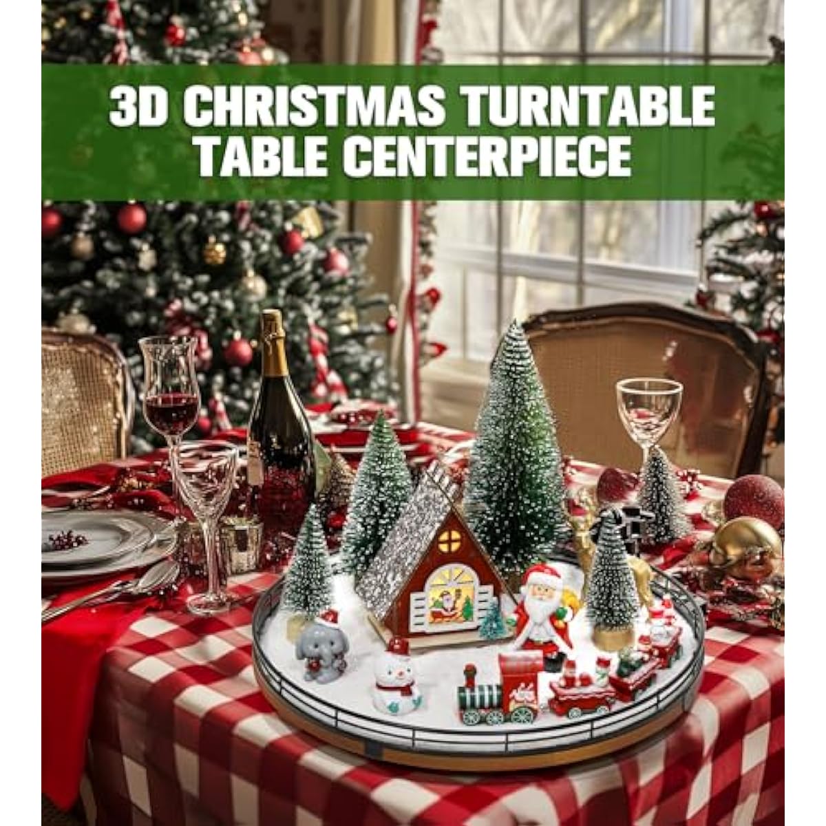 AMH 12 PCS Christmas Table Decorations Set with Oak Rotating Base – Xmas Town Village Centerpiece with Santa, Train, House, Trees & Figurines, Tabletop Decorations for Holiday Dining & Coffee Tables