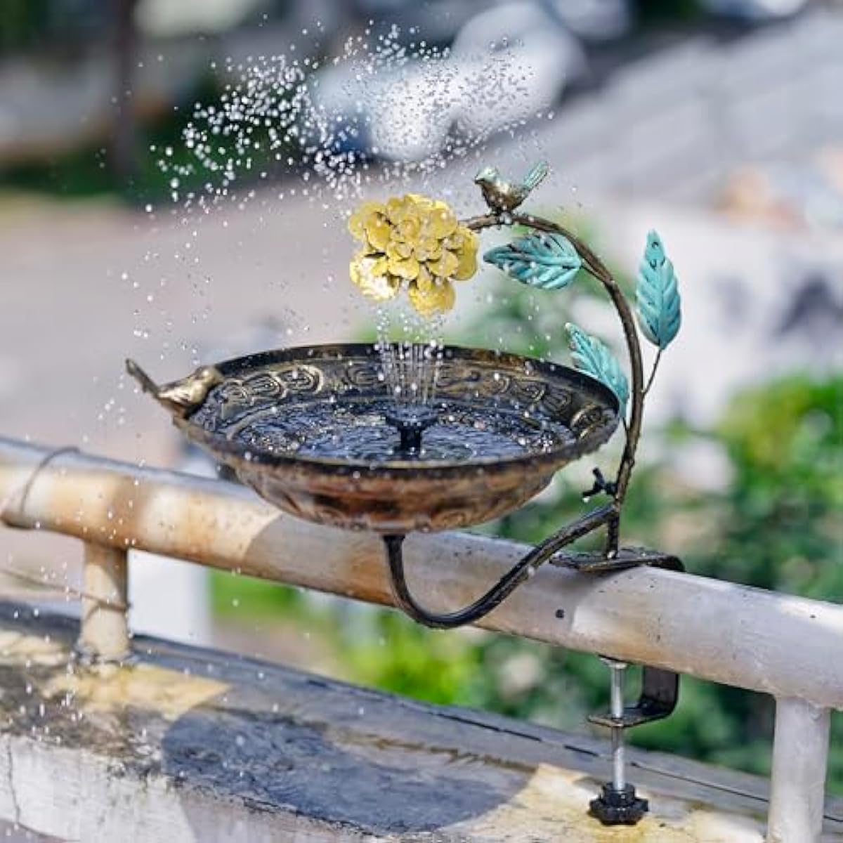 Metal Bird Bath for Outdoors, Deck Mounted Birdbaths with 10 Inch Bowl, Detachable Bird Feeder with Adjustable Clamp for Balcony Railing Garden Yard Decor
