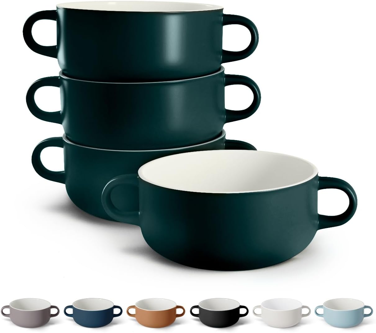 Kook Soup Crocks, Ceramic Bowls, Broil, Oven, Microwave and Dishwasher Safe, with Handles, For Casserole, Pasta, Cereal, 18 oz, Set of 4 (Pale Blue)