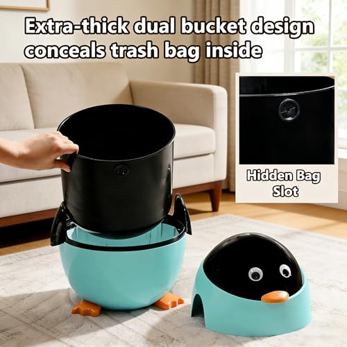 URALFA Penguin Trash Can, 3.2 Gallon Cute Trash Can, Animal Themed Garbage Can with Removable Inner Bucket, Plastic Fun Kids Trash Can for Bedroom, Kids Room, Nursery, Dormitory, Bathroom, Blue